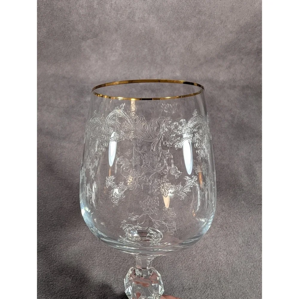 Vintage Bohemia Queen's Lace Crystal Etched Wine/Water Goblets w/Gold Trim set 3